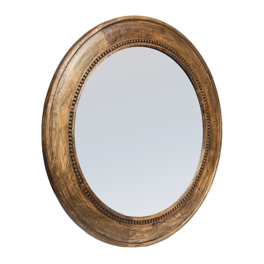 Round Carved Wood Framed Wall Mirror with Hobnail Detail, Walnut